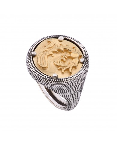 ANELLO IN ARGENTO BIANCO IMBRUNITO CON MONETA DORATA  RAFFIGURANTE "SIGILLUM FLORIS"