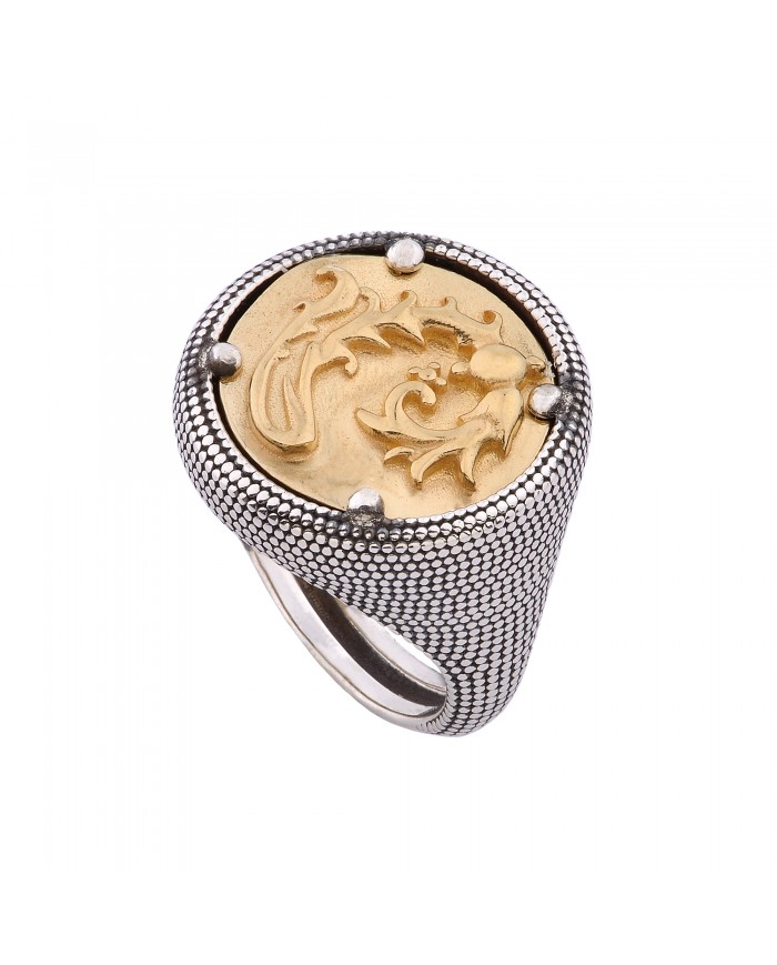 ANELLO IN ARGENTO BIANCO IMBRUNITO CON MONETA DORATA  RAFFIGURANTE "SIGILLUM FLORIS"