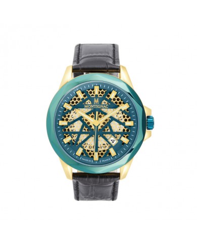 MONTIGNAC Orologio 3H 42mm GREEN BLACK LEAT STRAP
